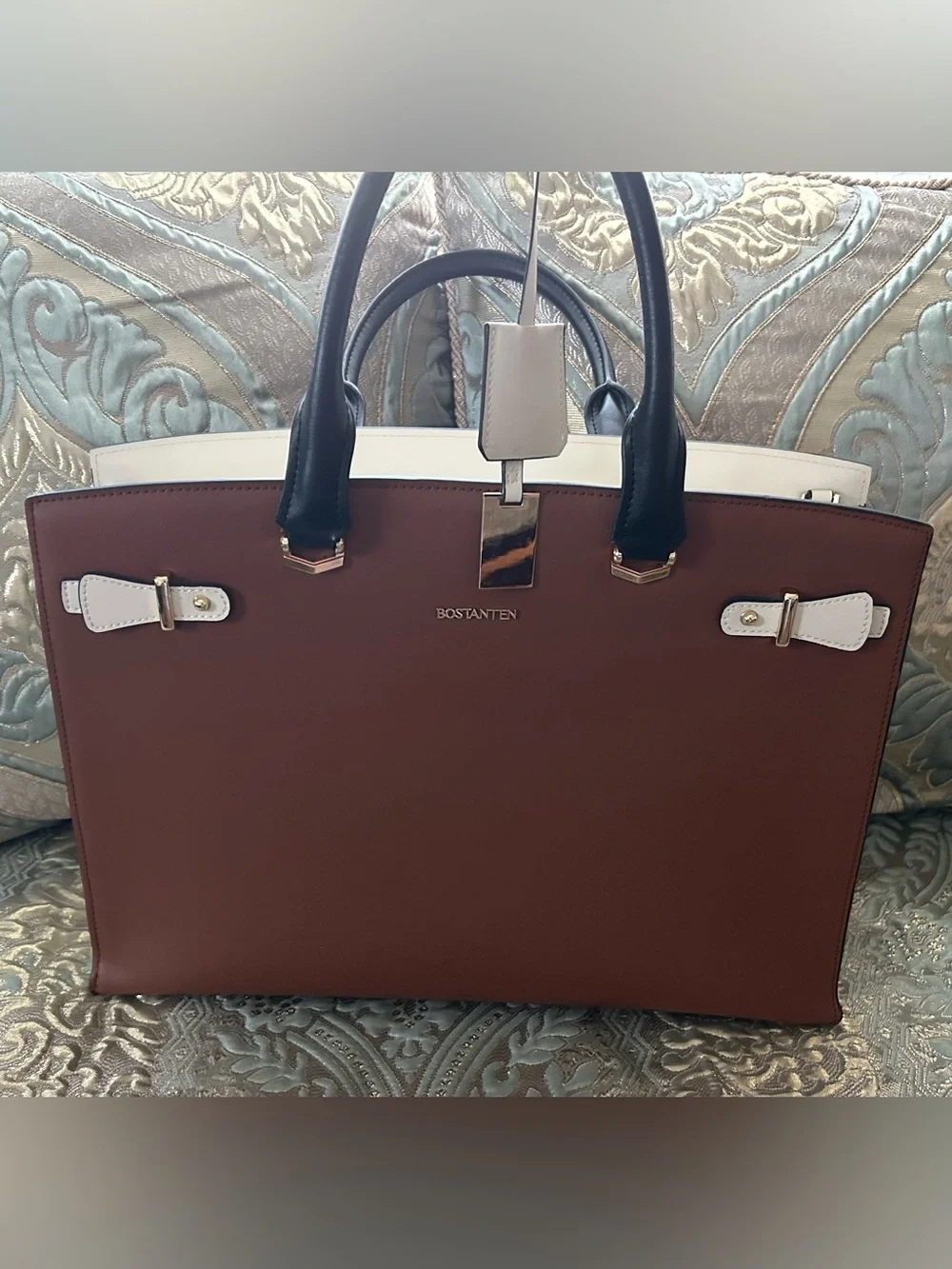 Bostanten Brown Leather Tote Bag with Black Handles without the shoulder strap